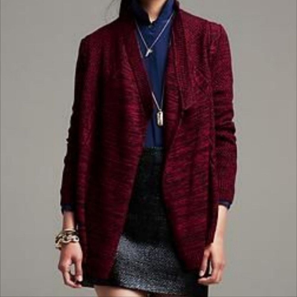 Banana Republic Petite Small Open Front Cardigan Burgundy Red Cable Knit Sweater